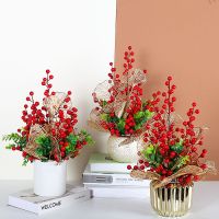 Artificial Plant Flowers Potted For Home Weeding Party Decor With Realistic Faux Red Berry Plant In Plastic White Pot