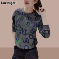 Laz Nigori เสื้อบางพิมพ์ลายตัวอักษรภาษาอังกฤษหลวมขนาดใหญ่เสื้อแขนยาวคอกลมแฟชั่นของผู้หญิง