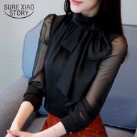 2023 New Summer Fashion Tunic Women Blouse Shirts Long Sleeve Tie Bow Chiffon Turtleneck Formal Women White Black Shirts 0599 30