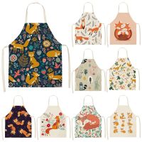 Kawaii Fox Printed Sleeveless Aprons Kitchen Adult  Women Cotton Linen Animal Pinafore Home Cooking Baking Waist Bib 55x68cm Aprons