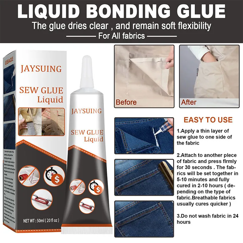 Fabric Glue, Permanent Clear Washable Clothing Glue for All Fabrics,  Cotton, Flannel, Denim, Leather, Polyester, Doll Repair, 24 Hours Dry and