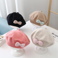 หมวก Topi Baret Bayi โบว์น่ารักหมวกเด็กฤดูใบไม้ร่วงฤดูหนาวแบบเกาหลีให้ความอบอุ่นหมวกสีทึบหมวกเบเรต์ผ้าวูลสตรีศิลปินถักโบว์สำหรับเด็ก