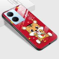 GGK เคส Vivo Y78 5กรัม + 5กรัมลายการ์ตูนจีนดั้งเดิมปีเทศกาลฤดูใบไม้ผลิดีไซน์รูปเสือกันกระแทกมันวาวกระจกเทมเปอร์เคสฝาหลัง