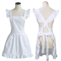 Womens Girls Ruffles Outline Retro White Apron Adjustable Victorian Bib Maid Cosplay Kitchen Cake Baking Cooking Cleaning