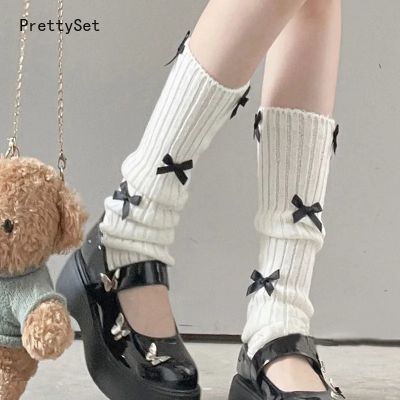 ถุงเท้า Y2k ฮาราจูกุถุงเท้าโบว์สาวน่ารักถุงเท้าอุ่นขาตุ๊กตาญี่ปุ่นโลลิต้า Kawaii Sweet JK สีชมพู Ruffles คลุมขาแบบถักอบอุ่น
