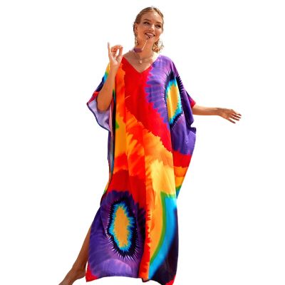 ผู้หญิงซัมเมอร์บีช Kaftan Maxi D Ress ที่มีสีสันรูปแบบนามธรรมชุดว่ายน้ำขึ้นปกคอวีด้านข้างแยก Caftan Loungewear
