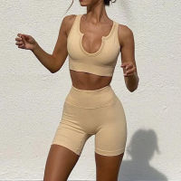 Hot Womens Sports Suit Yoga Set U-Shpae Crop Tops Biker Shorts Gym Fitness Tracksuits Jogging Sportswear Workout Streetwear