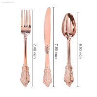 75Pcs Retro Rose  Plastic Silverware En Disposable Heavyweight  Cutlery 25 Knives 25 Forks 25 Spoon Party Dinnerware