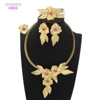 【lz】❂☁  Sunice-18K Conjunto de Jóias Banhado a Ouro para Mulheres Flor De Zircão Colar Africano Luxo Dubai Big Jewelry Set Casamento Cor Rosa Brinco Gota