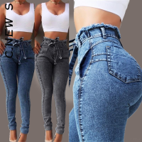 C.New S High Waist Tassel Belt Bandage Jeans For Women Slim Stretch Denim Jean Bodycon Skinny Push Up Jeans Woman Plus size