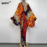 y bech high-quality hand-rolled feel silk rayon fashion print 2021 WINYI Maxi womens robes long beach V-neck Bohemian dress