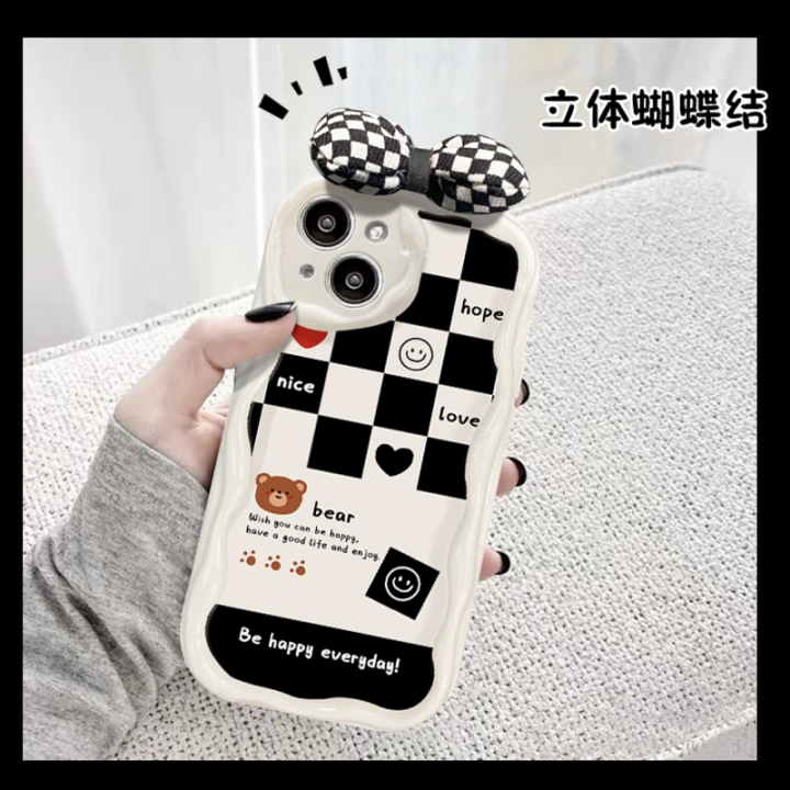 เคสสำหรับ-iphone-11-12-13-14-pro-max-6-6-6s-7-8-plus-x-xr-se-2022-12พัดลมพกพาเคสลายตารางหมากรุกครีมขอบคลื่น3d-ซิลิโคนนิ่ม-tpu-แฟชั่น-ins-การ์ตูนเกาหลี