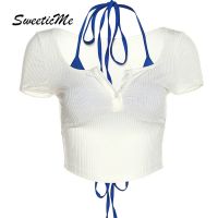 Sweeticme เสื้อยืดคอวี แขนสั้น สีพื้น แฟชั่นใหม่ สําหรับผู้หญิง 2023 QC7311624