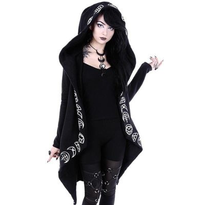 Gothic Casual Cool Black Witch Coat Jacket Women Sweatshirts Loose Zip Up Cotton Hooded Plain Print Female Punk Hoodie Wholesale