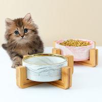 Dog Bowl Ceramic Feeder Marbling Dish with Wooden Stand Drinking Water Non-Slip No Spill Bowl for Cat Puppy Feeding Supplies