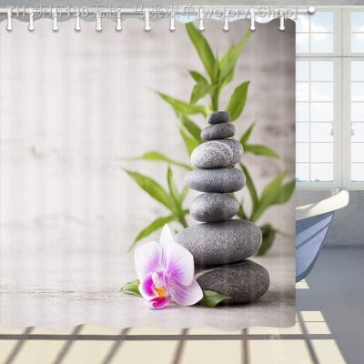 【CW】✉  Shower Curtains Set Spa Stones and Orchids Flowers Polyester Fabric Curtain with Hooks