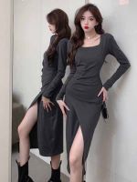 ชุดเดรสคอเหลี่ยมแขนยาวผู้หญิงใหม่ Slim Split Hip Long Dress