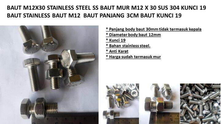 BAUT M12X30 STAINLESS STEEL SS BAUT MUR M12 X 30 SUS 304 KUNCI 19 BAUT ...