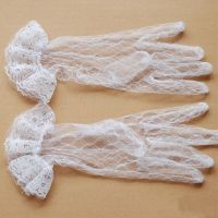 ✚✗♨ White Bridal Wedding Short Gloves Full Fingered Transparent Ruffled Lace