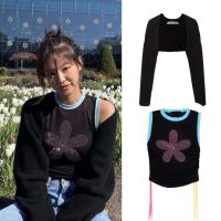 COD SDGYTRUYRT Blackpink Jennie Two-Piece Suit Korean Retro flower kint sweater tank top Camisole Jacket Top Cardigans set