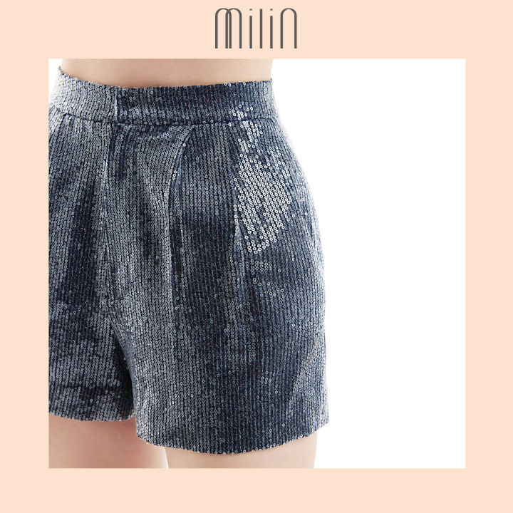 milin-high-waist-pleated-sequins-shorts-กางเกงขาสั้นผ้าเลื่อมเอวสูงจับจีบ-glory-shorts