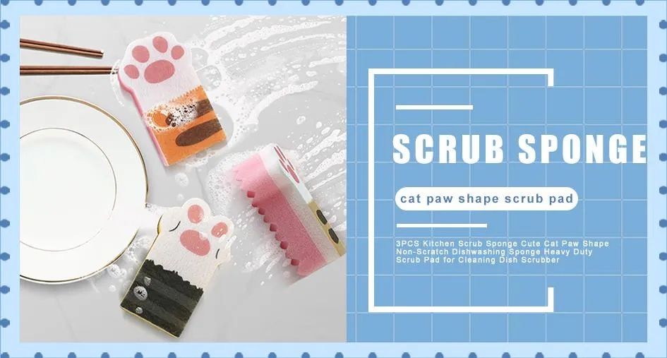 3PCS Kitchen Scrub Sponge Cute Cat Paw Shape Non-Scratch Dishwashing Sponge  Heavy Duty Scrub Pad for Cleaning Dish Scrubber