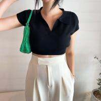 Women Solid Turn-down Collar Casual Slim Exposed Navel Knitted Short Sleeve T-Shirt