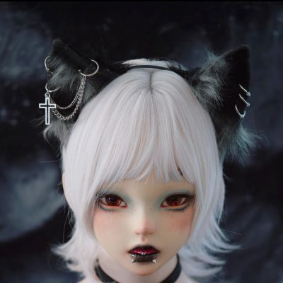 Unisex Gothic Lolita COSPLAY Cat Ears Hairpin พร้อมโซ่โลหะอะนิเมะอุปกรณ์เสริม Punk Black Plush Horns Fox Ears Headband