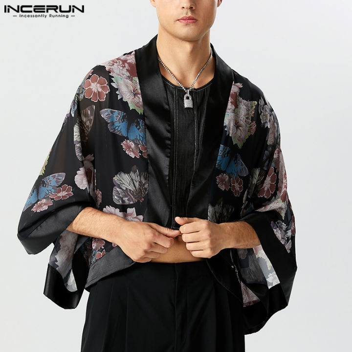 incerun-เสื้อกิโมโนแขนยาวสำหรับผู้ชายลายดอกไม้แบบไม่สม่ำเสมอเสื้อคาร์ดิแกนพลิ้วไหวขอบชุดประจำชาติ-สไตล์จีน