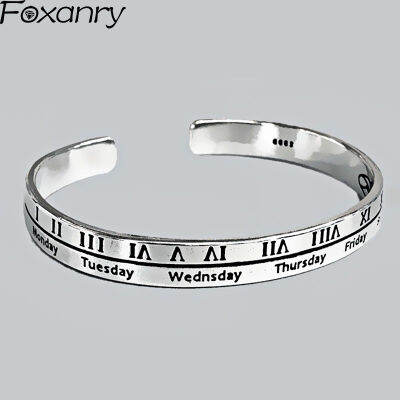 Foxanry 925 Sterling Silver Charms Cuff Bracelets for Women Couples Vintage Terndy Roman Numerals Birthday Party Jewelry Gifts