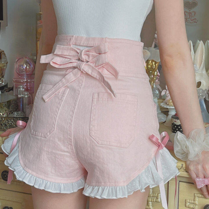 สีชมพู-kawaii-lolita-denim-กางเกงขาสั้นผู้หญิงญี่ปุ่นสูงเอว-ruffles-ลูกไม้ผ้าพันแผลกางเกงยีนส์หญิงฤดูร้อนเกาหลีสไตล์กางเกงขาสั้นสีฟ้า2023