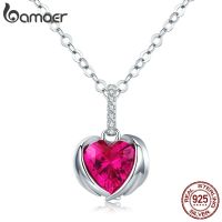 bamoer Red Heart Guardian Wing Pendant Necklaces for Women AAA Cubic Zirconia Chain Link 925 Sterling Silver Jewelry SCN341