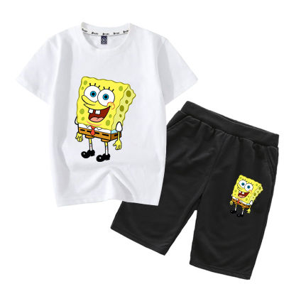 กางเกงขาสั้นแฟชั่น SpongeBob แขนสั้นพิมพ์ลายชุดเซ็ตเสื้อยืด2023 0000การ์ตูน/อะนิเมะถัก