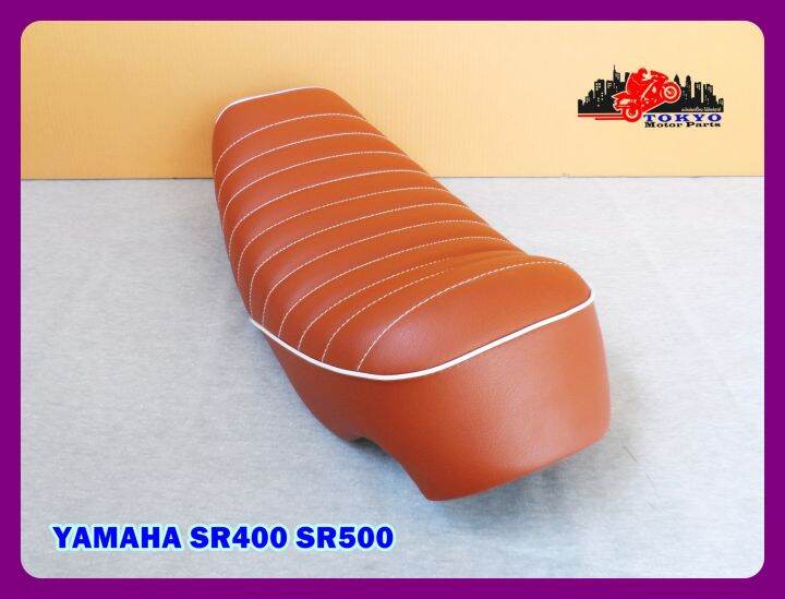 yamaha-sr400-sr500-brown-complete-double-seat-with-white-trim-เบาะ-เบาะรถมอเตอร์ไซค์-สีน้ำตาล-ด้ายขาว-คิ้วขาว-ตูดเว้า-ผ้าลอน