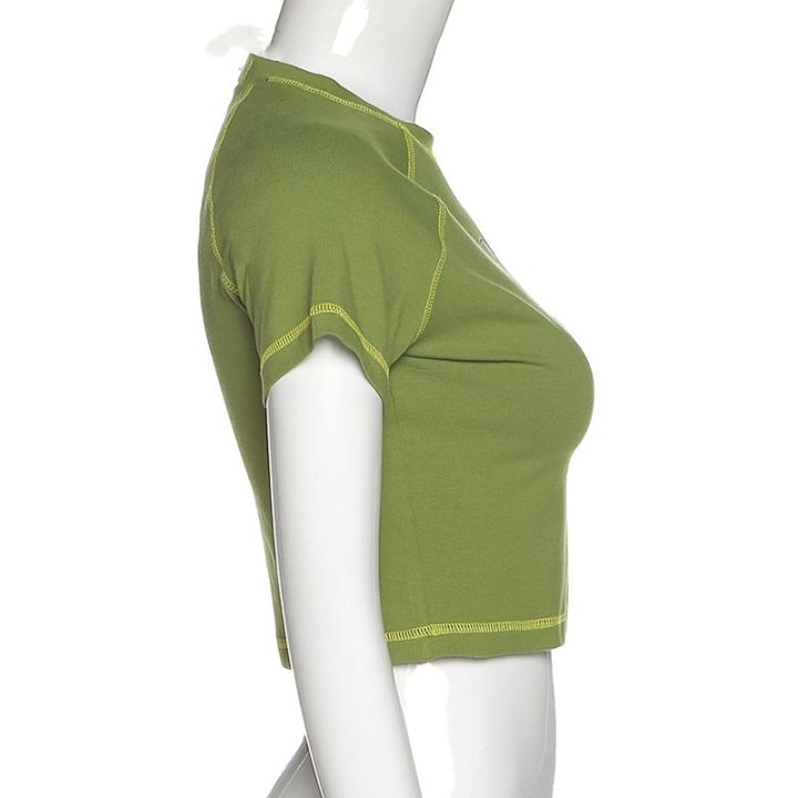 เสื้อยืดแขนสั้นพิมพ์ลายผีเสื้อและตัวอักษรเสื้อครอปสีเขียว-y2k-สไตล์กรันจ์ฤดูร้อน