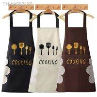 ☍ Cooking Pattern PVC Women Wipeable Kitchen Apron Enlarged Pocket Waterproof Oil-Proof Coffee Pinafore Cooking Baking Adult Bib