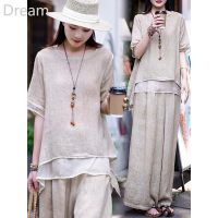 Ramie summer new artistic suit loose round neck pullover short sleeve thin top large size wide leg pants two-piece suit V729