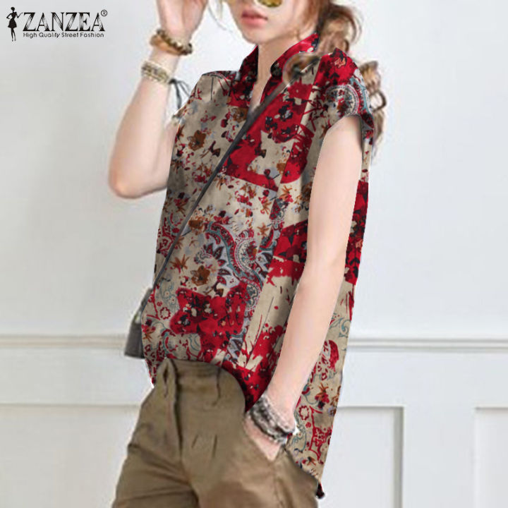 จัดส่งฟรี-เสื้อแขนสั้นผู้หญิง-fancystyle-zanzea-พิมพ์ลายดอกไม้ปกเสื้อทำงานวินเทจเสื้อทำงานสำนักงาน-7