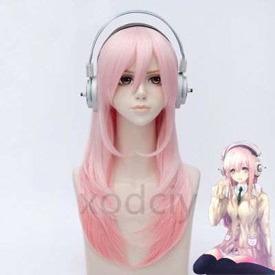 Super Sonico Supersonico 60Cm Long Pink Ombre Hair Heat Resistant Cosplay Costume Wig + Toy Headset Headphone Prop