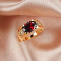 Cute Male Female Red Crystal Stone Ring Yellow Gold Color Thin Wedding Rings For Women Men Luxury Oval Zircon Engagement Ring