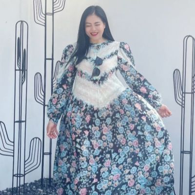 P010-042 PIMNADACLOSET - Long Sleeve  Lace Chiffon Floral Print Maxi Dress
