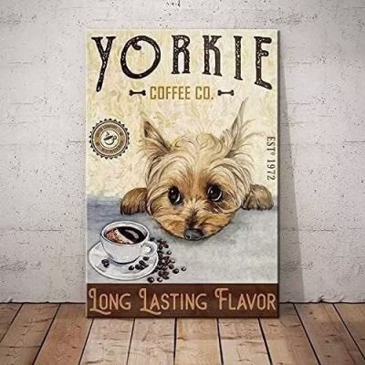 Yorkie Coffee ป้ายดีบุกโลหะสุนัข Yorkie โปสเตอร์คาเฟ่ตลกๆห้องนั่งเล่นครัวศิลปะตกแต่งผนังบ้านของขวัญ