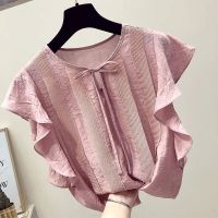 Lotus leaf edge short-sleeved tops female large size summer new Korean fashion loose ties casual temperament elegant tops