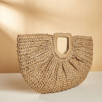 Simple Solid Color Bags for Women Luxury Designer Hand-held Moon Bag Vintage Casual Straw Bag Small Tote Beach Handbag