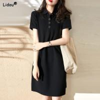 【YF】 Womens Clothing Loose Capable Casual Classic Elegant Solid Short Sleeve Turn-down Collar Simplicity Button Knee Skirts Dresses