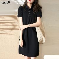 【CC】 Womens Clothing Loose Capable Classic Short Sleeve Turn-down Collar Simplicity Knee Skirts Dresses