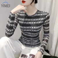 YIMEI เสื้อพิมพ์ลายแฟชั่นแขนยาวสำหรับผู้หญิงเข้ารูปพอดีเสื้อยืดผ้าตาข่ายฤดูหนาว/ใบไม้ร่วง2023