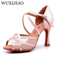 WUXIJIAO  Latin Dance Shoes Women Flash Satin Gold Silver Black Wide Thin High Heel 9Cm Salsa Performance Ballroom Dancing Shoes