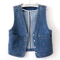 HOT14★2023 Denim Vest สตรีใหม่ฤดูใบไม้ผลิฤดูใบไม้ร่วงแขนกุดกางเกงยีนส์เสื้อผู้หญิงสั้นทั้งหมด-Match หลวม Cal Vest สุภาพสตรี Tops