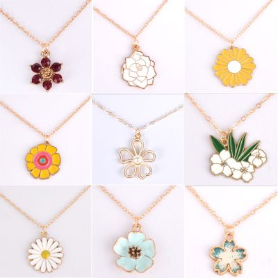 【cw】 Enamel rose daisy camellia flower pendant necklace gold link chain floral choker women fashion jewellery ！